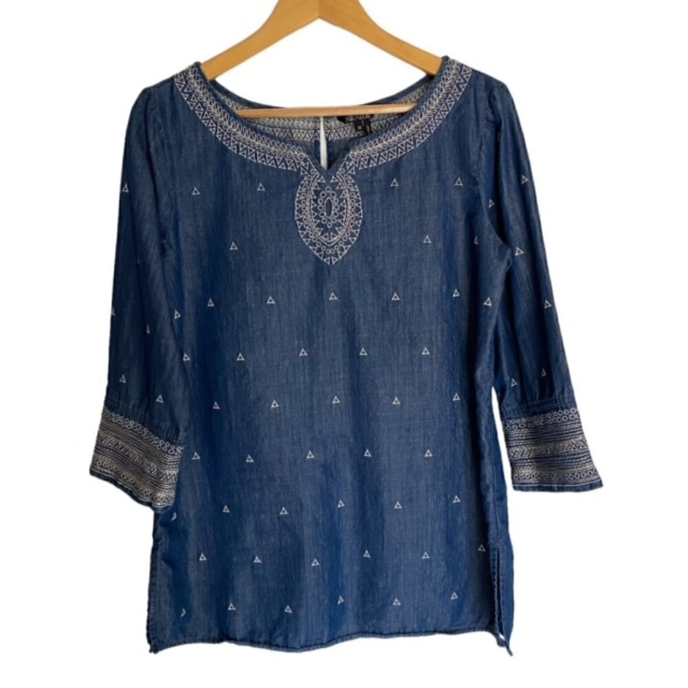 Nic+Zoe Blue & White Embroidered Tunic Top Small
